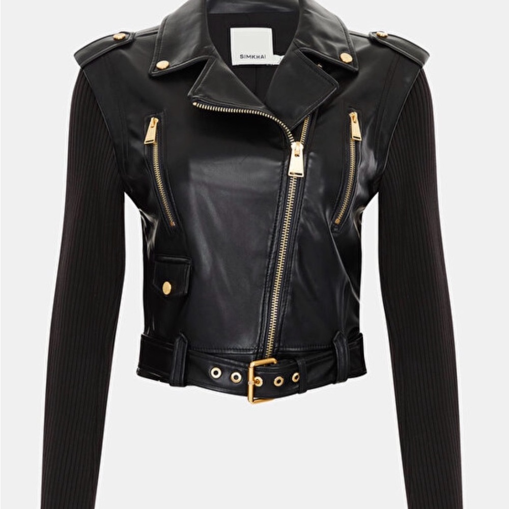 Jonathan Simkhai Belene Black Leather Moto Jacket with Gold Hardware
